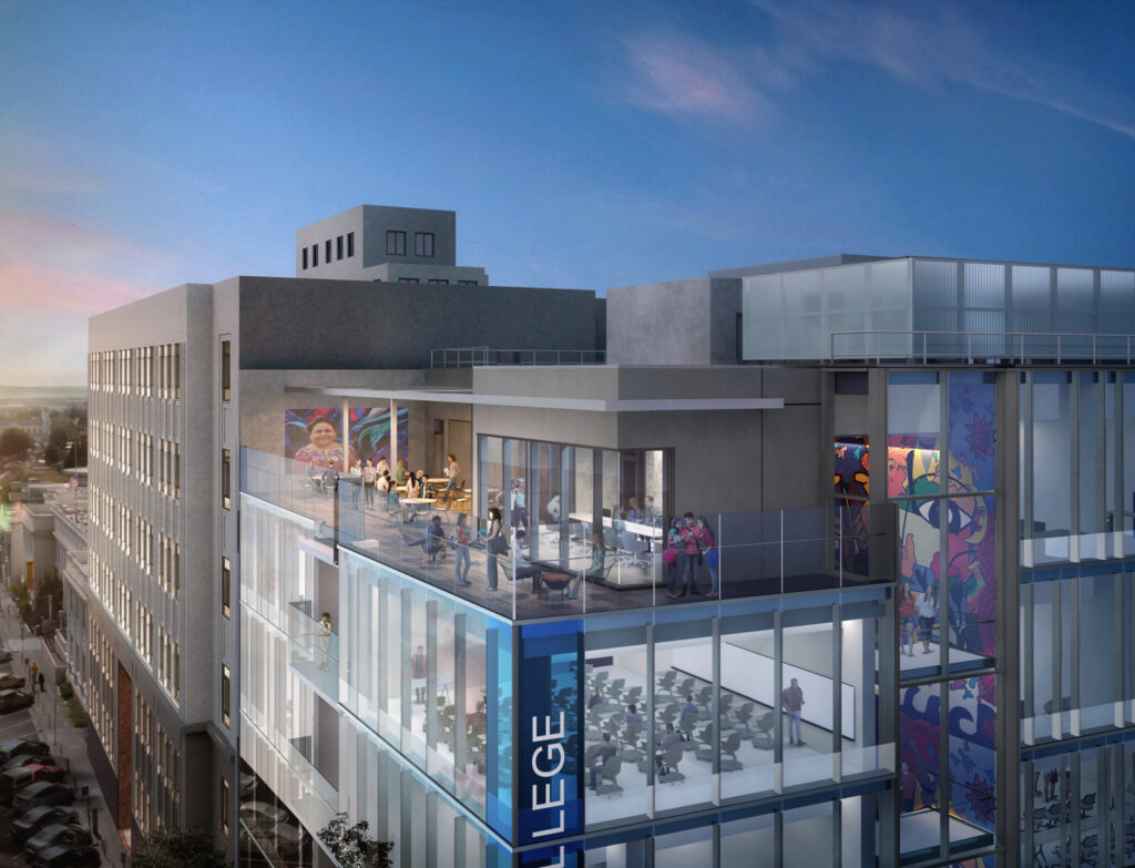 Berkeley City College aerial view of the rooftop deck, rendering by Robert Becker for Ratcliff Architects