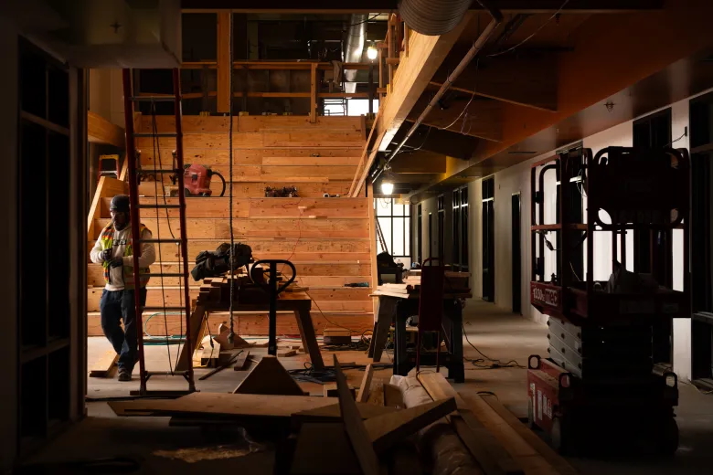 A set of stairs under construction in the hallway of Hoover Elementary’s new campus in Palo Alto on Nov. 19, 2025. Photo by Seeger Gray.